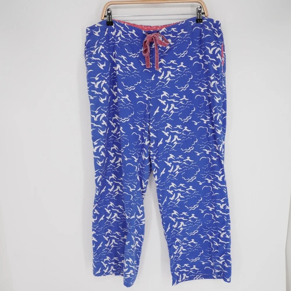 Boden Cotton Pajama Pants Womens 16 Blue Seagull Velvet Drawstring Comfy Pockets